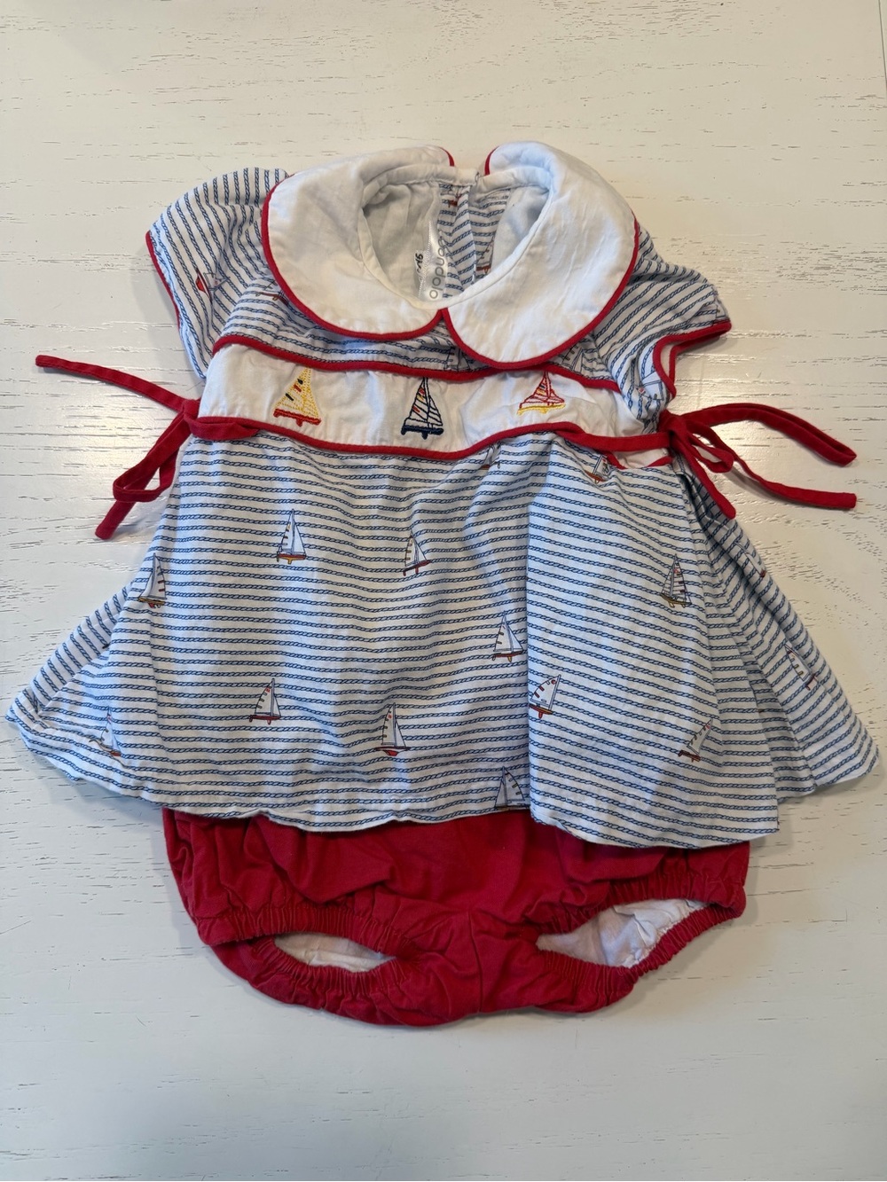 Dondolo Nautical Red & Blue Baby Set, Sailboat Dress, 100% Cotton- 9M